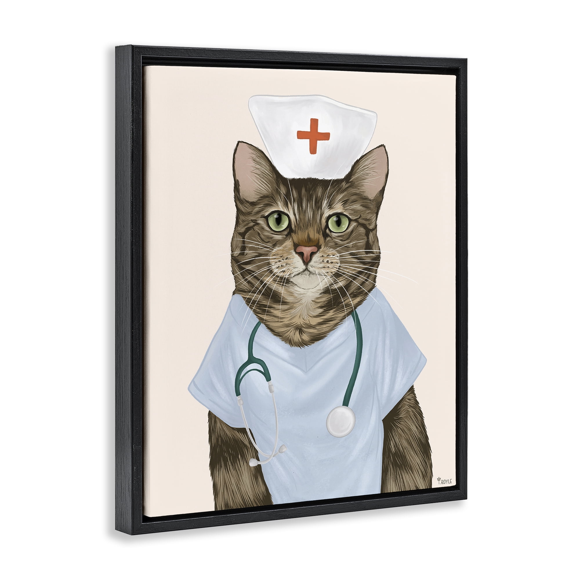 Stupell Industries Nurse Doctor Cat Animals & Insects Painting Black Floater Framed Canvas Art Print Wall Art, 25 x 31