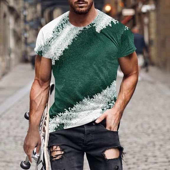 Fnnxeal Mens 3D T-Shirt Abstract Color Block Gradient Performance Stretch Quick Dry Short Sleeve Crew Neck Top Big and Tall Sizes up to 7XL Green,Size 2XL