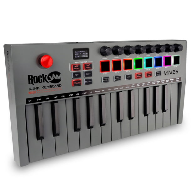 RockJam, Go Controlador de teclado MIDI USB y Bluetooth de 25 teclas con 8 pads de batería retroiluminados, 8 perillas, tamaño único (RJMK25)