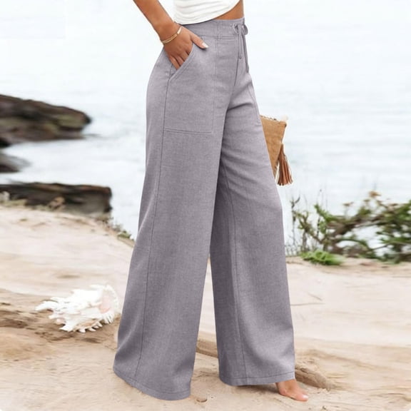 Women's Boho High Waist Wide Leg Linen Pants Lightweight Loose Summer Vacation Pants Gray 2XL