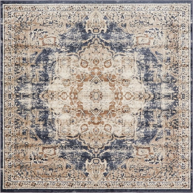 Unique Loom Chateau Medallion Rustic Rug 7' x 7' Square Beige/Navy Blue