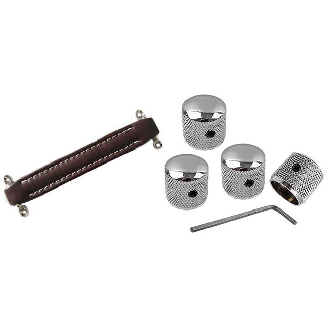 1x Brown Vintage Style Guitar AMP Amplifier Leather Handle & 4Pcs Metal Volume Tone Dome Tone Guitar Speed Control Knobs