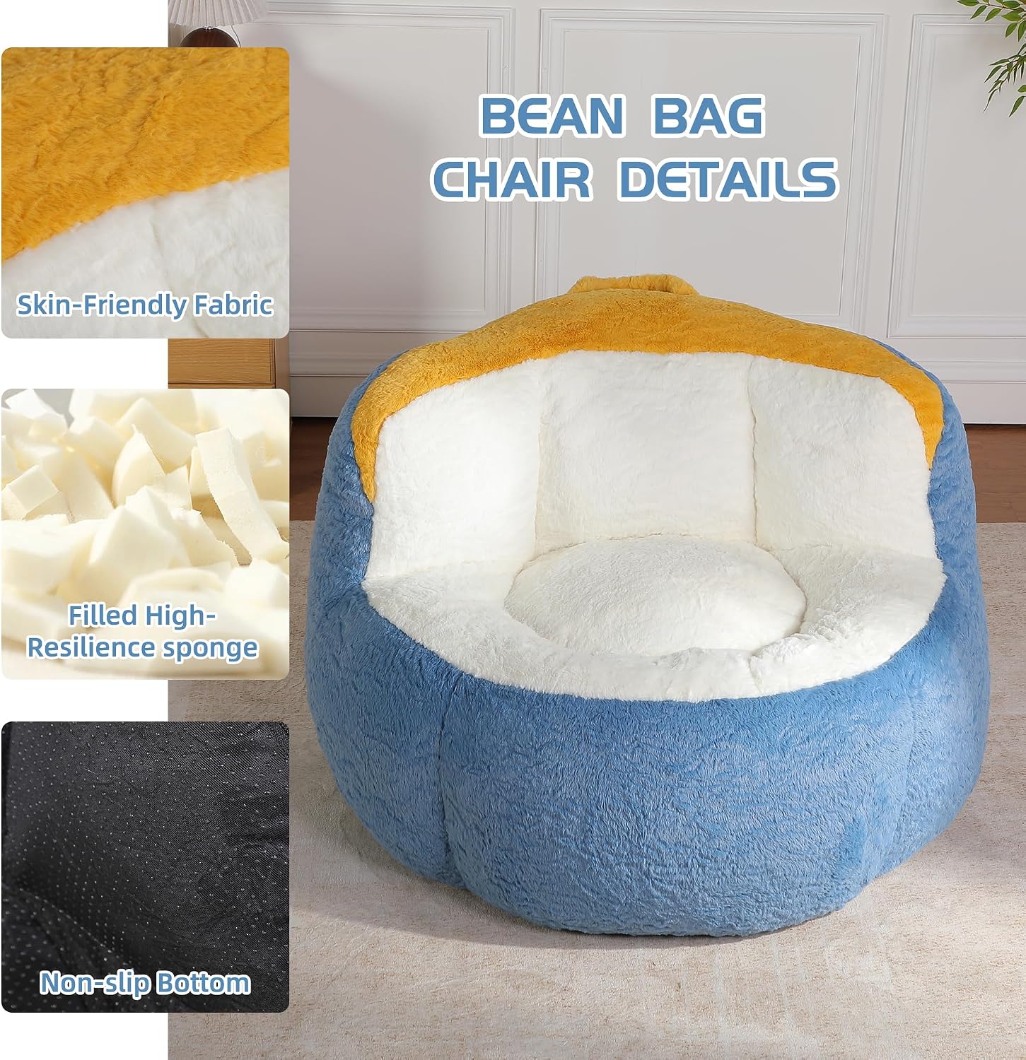 Large Plush Bean Bag Chair, High‑Density Memory Foam Bean Bag Sofa with Non‑Slip Bottom for Adults Kids Teens
