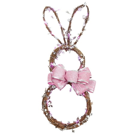 

Leaveforme Decorative Easter Pendant with Bowknot Rattan Creative Rabbit Bunny LED Hanging Sign Home Decor