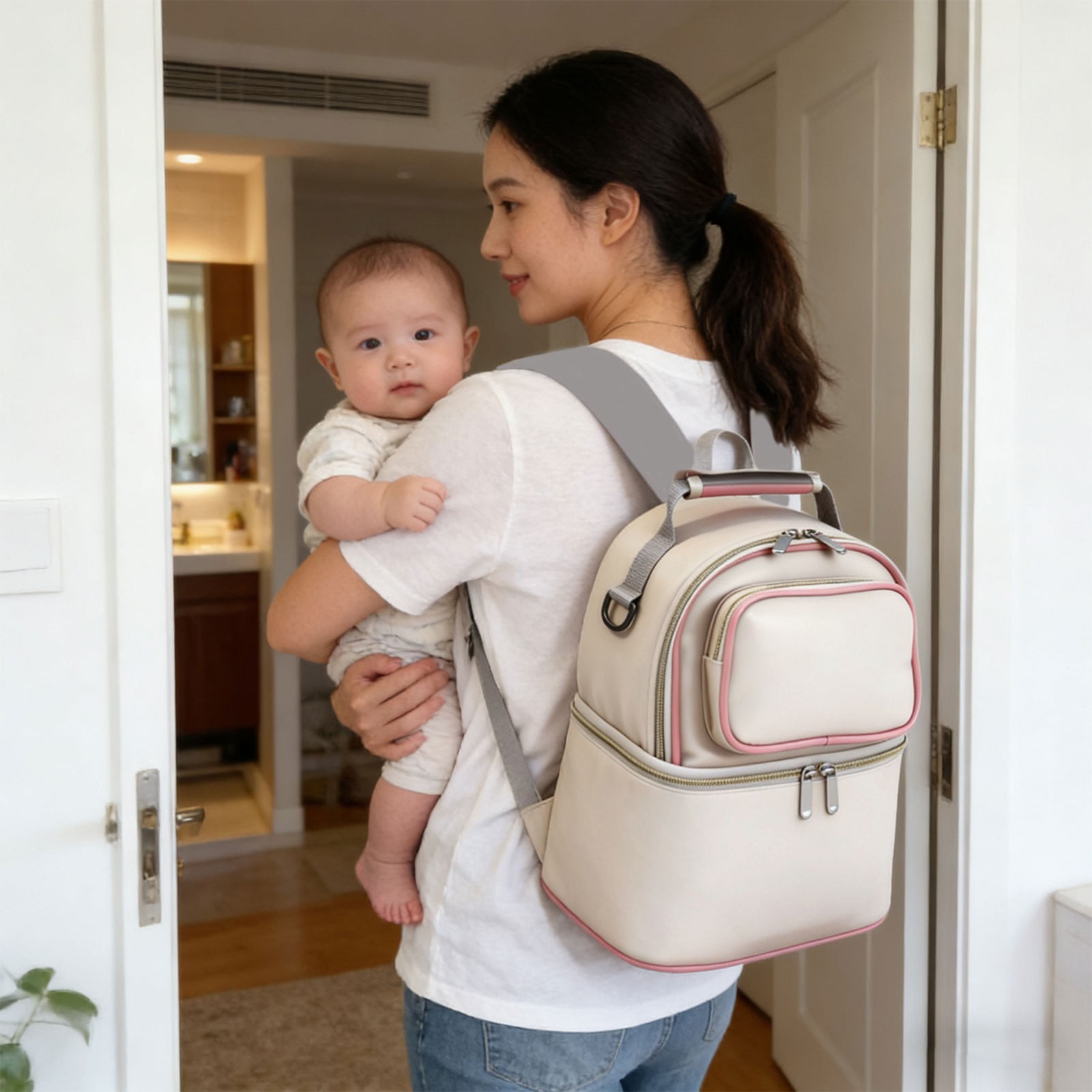 Multi Functional Mom Portable Insulated Double Layer Backpack for Mother and Baby, Large Diaper Bag with Thermal Pocket for Bottles, Waterproof Travel Bag for Outing