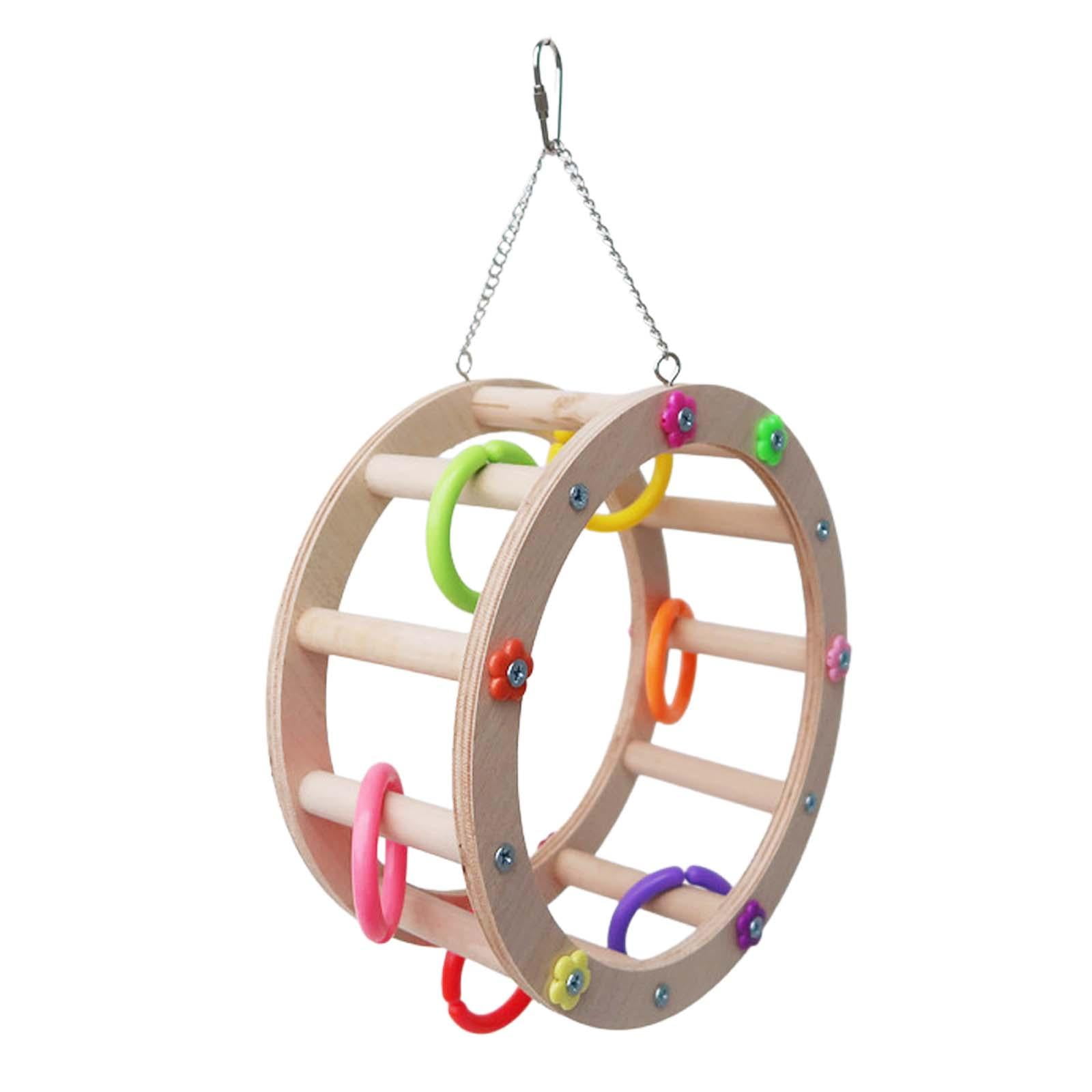 Tooyful Wooden Bird Wheel Toy Macaws Hanging Cockatoos Hanging Toy Bird Perch Stand Toy Nibbling Parakeet with Clorful Rings Parrot Chewing Toys diameter 22cm