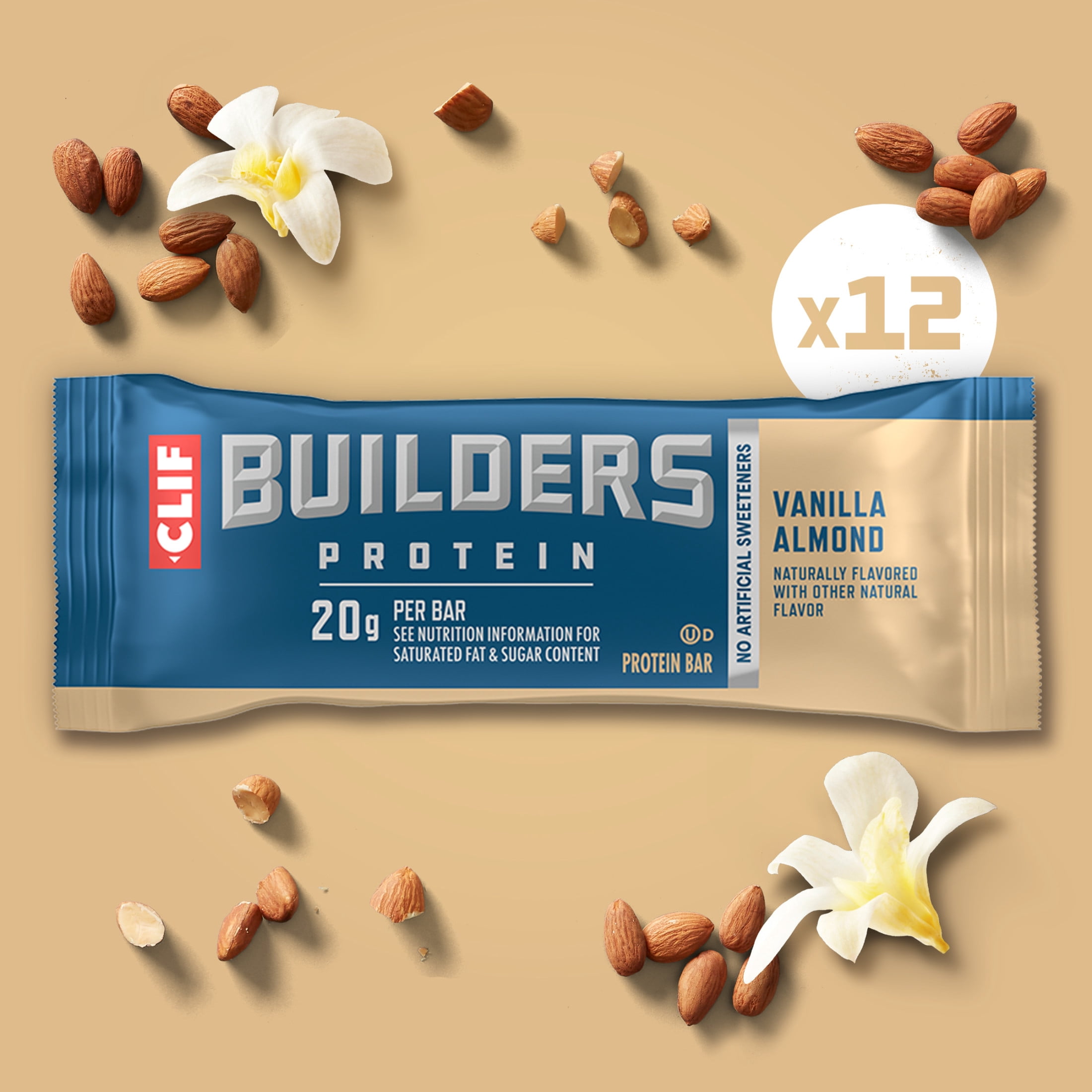 CLIF BUILDERS Protein Bars Vanilla Almond Flavor, Plant Protein, Gluten Free Bars, 12ct