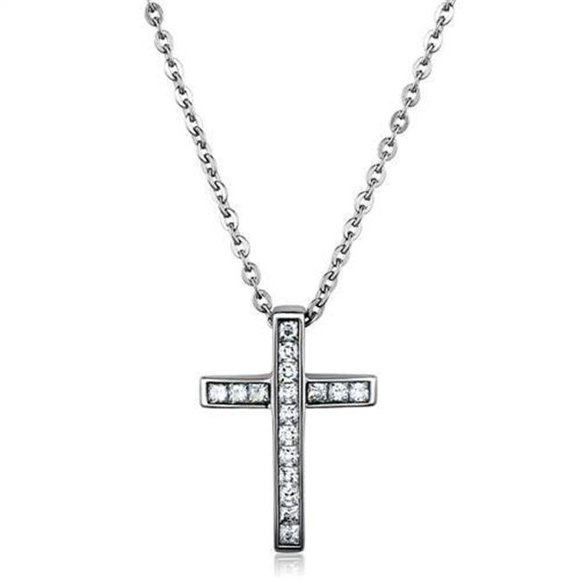 Alamode TK1858-18 Women High Polished Stainless Steel Chain Pendant with AAA Grade CZ in Clear - 18 in.