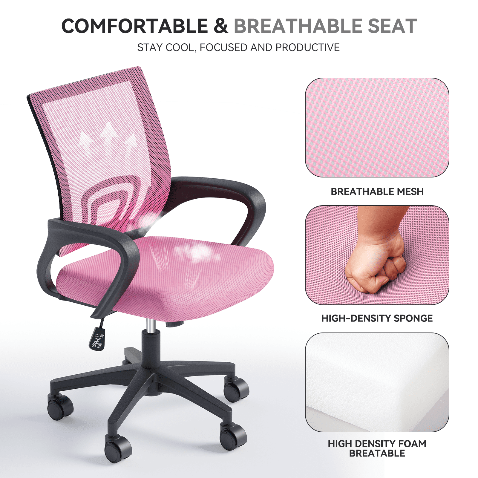 OSM 2-Pack Ergonomic Mesh Office Chairs, Mid-Back Desk Chair with Lumbar Support, Swivel Computer Task Chair for Home Office, Gaming & Study, 300 lbs Capacity, Pink