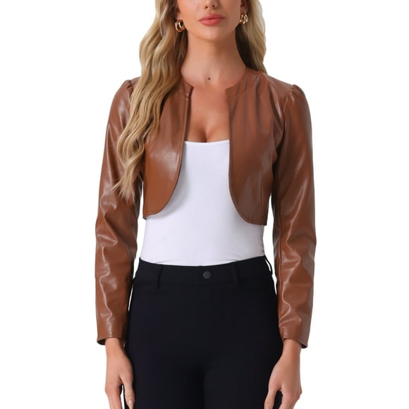 INSPIRE CHIC PU Leather Crop Jackets for Women's Open Front Long Sleeve Jacket XS Brown