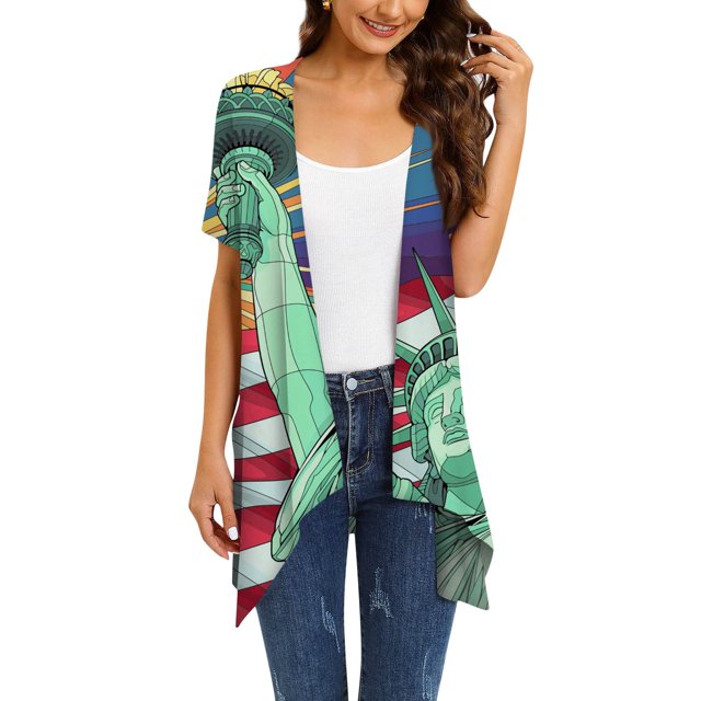 Lenago Summer Plus Size Tops for Women Casual Spring Women Casual Printed Short Sleeve Cardigans Drape Open Front Lightweight Summer High Low Hem Tops 4th of July Outfits for Women