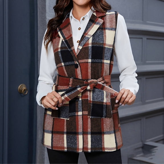 FDGIU Women's Plaid Belted Sleeveless Blazer Vest, Notched Lapel Single Button Mid Length Suit Waistcoat with Flap Pockets for Fall Winter Office Business Casual Daily Layering