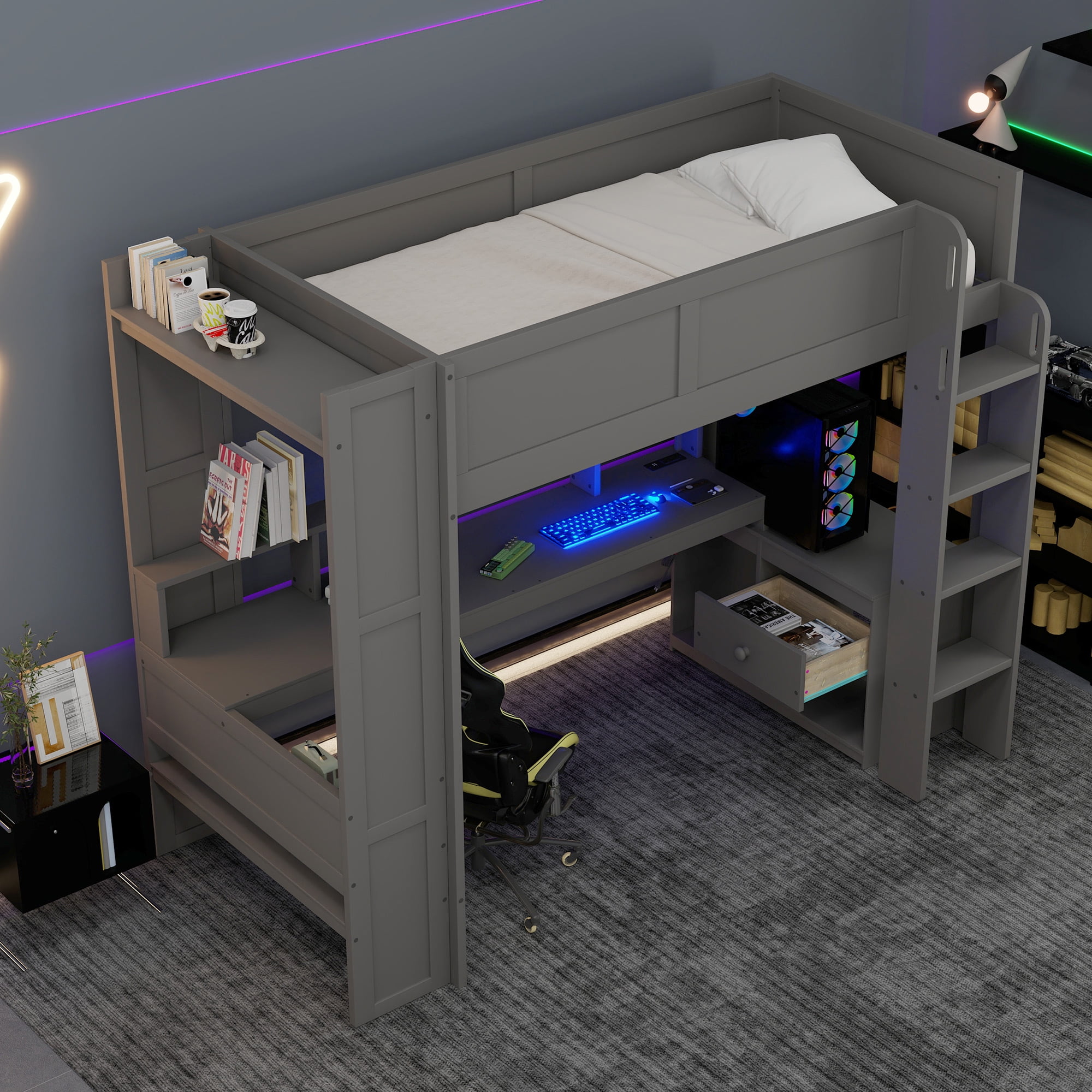 Homy Casa Wood Twin Size Gaming Loft Bed with Desk Shelves LED and Charging Station for Teen Bedrooms