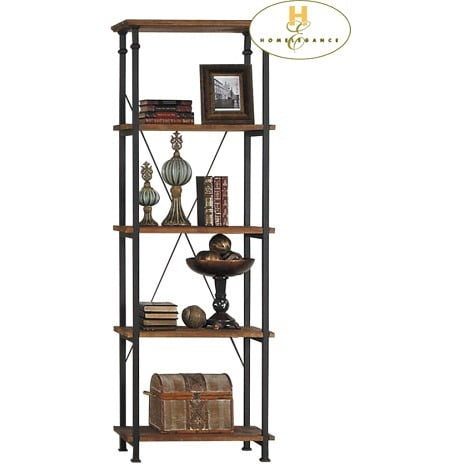 Weston Home Clayton 5 Shelf Narrow Wood and Metal Bookcase, Brown