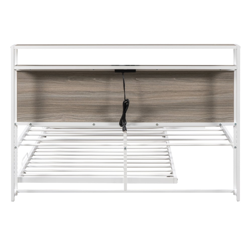 Full Size Platform Bed Frame, Metal Platform Bed with Trundle, USB Ports and Slat Support,  Trundle Bed Frame with Shelf Headboard, No Box Spring Needed, White
