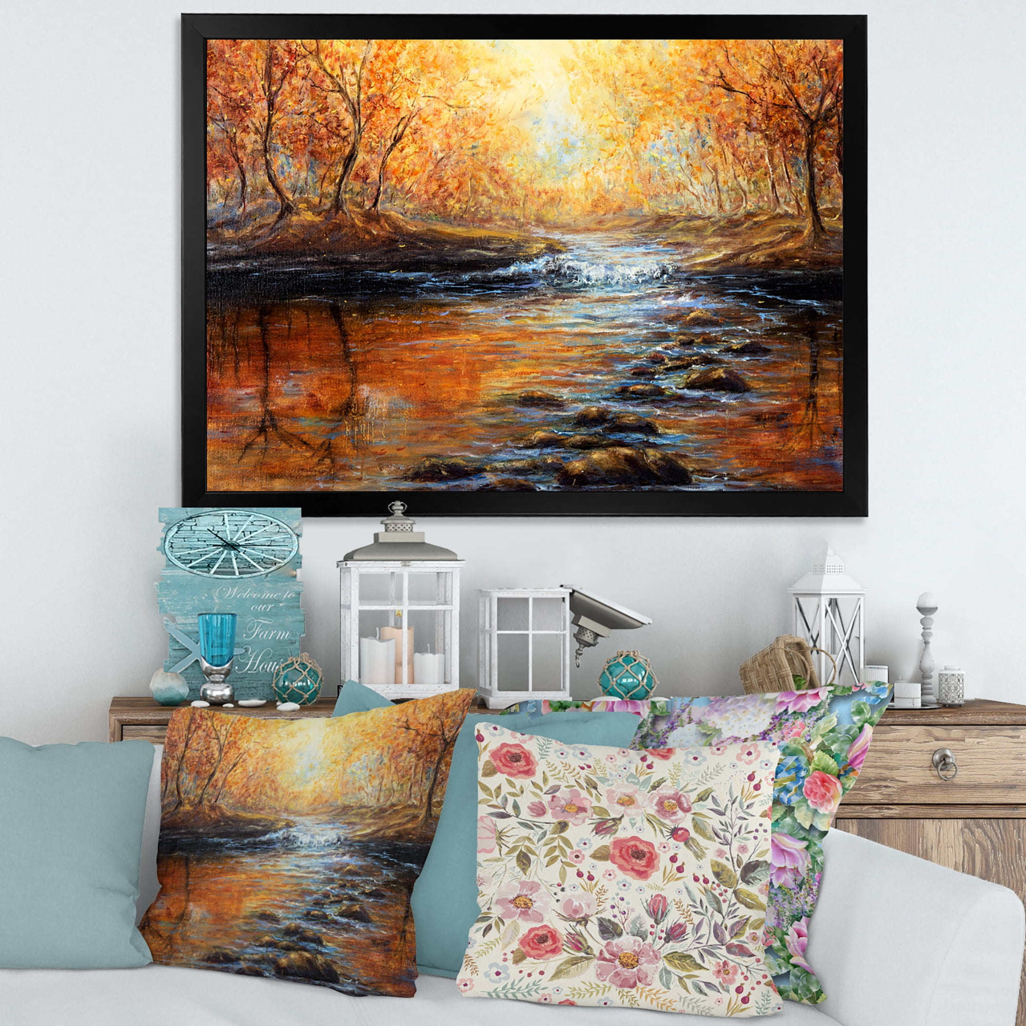 Designart 'Sunrise Glow In The Autumn Forest' Lake House Framed Art Print