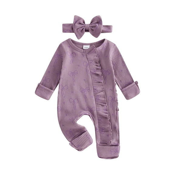 BemeyourBBs Baby Girl Spring Fall Winter Clothes Newborn Baby Girl Hospital Going Home Outfit Ribbed Footed Romper Bow Print Long Sleeve Full Length Ruffle Zipper Footie Jumpsuit Headband