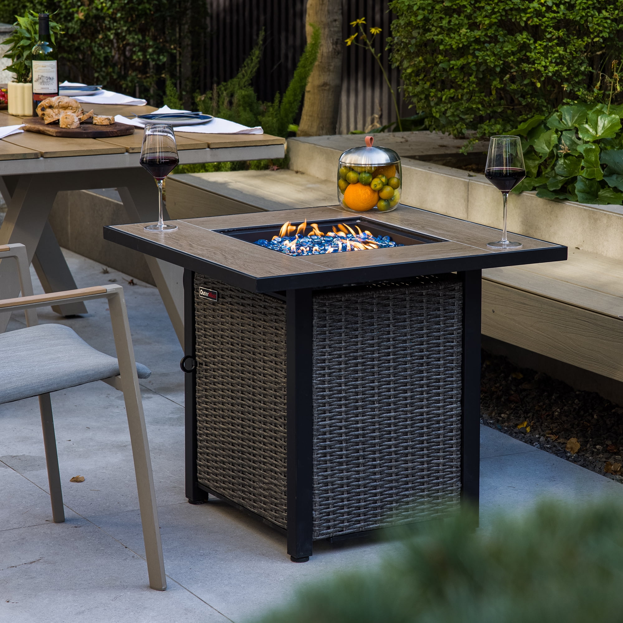 OuterMust 30"Propane Fire Pit Table, 50,000 BTU Electronic-Ignition Rattan Patio Gas Fire Pit with Lid & Blue Glass Bead, Outdoor Fireplace for Dining or Party
