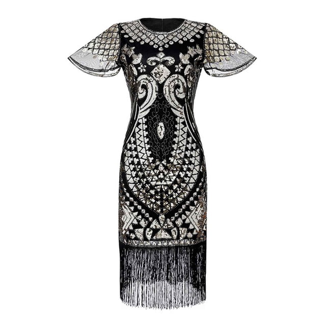Robe à Paillettes pour Femmes, Col en V, Manches Courtes, Mini-Robe de Soirée à Franges