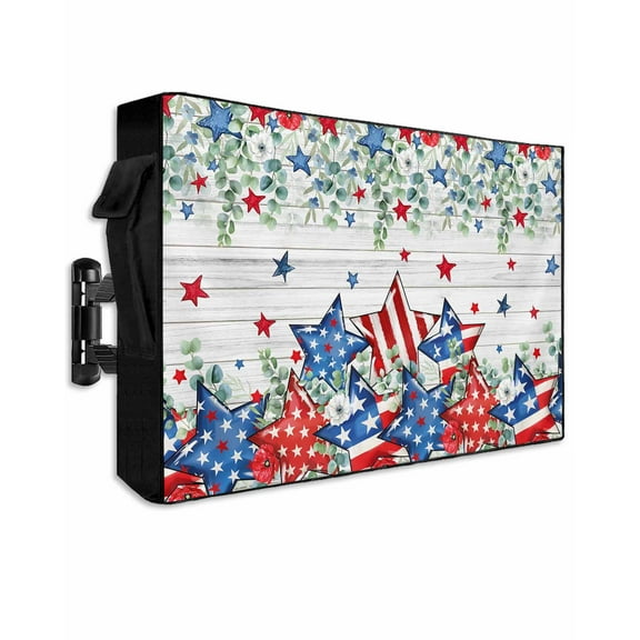 Independence Day Outdoor TV Cover 70 to 75 Inch Weatherproof, Eucalyptus Leaves Country Wood Grain 600D Oxford TV Covers with Waterproof Zipper, Outside Flat TV Screen Protector Size 68"Wx42"Hx4.5"D
