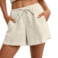 thumbnail image 3 of Gyujnb Women Casual Summer Shorts Double‑Layer Crinkle Gauze Drawstring Elastic Waist Shorts with Pockets,Beige, 3 of 8