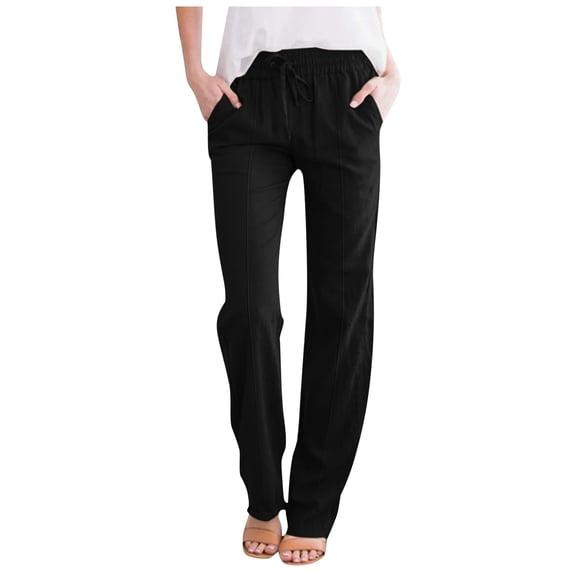 EDFBUYKRS Female Women Pants Casual Womens Dress Pants Tall High Waisted Women's Linen Solid Color Drawstring Casual Pants with Pockets Pleated Trousail Pants M
