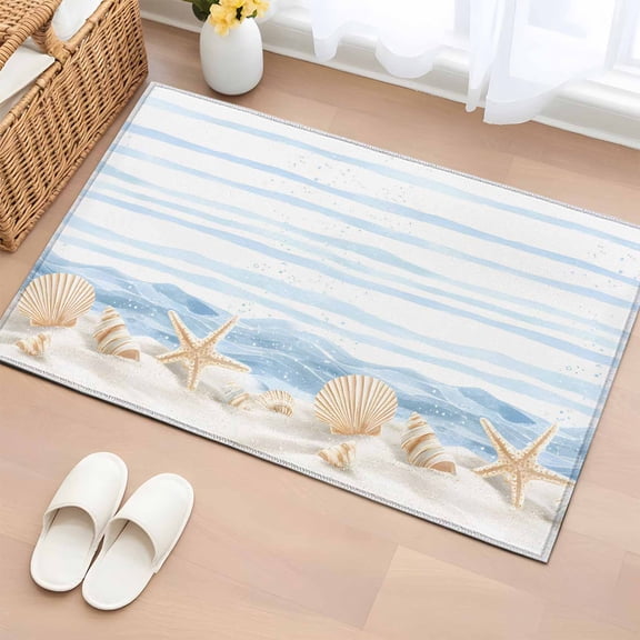 Rectangle Area Rugs 2 x 3 Ft, Nautical Coastal Non-Slip Residential Carpet, Ocean Starfish Shells Conch Waves Watercolor Indoor Crawling Mats Runner Rugs for Living Room/Dining Room/Bedroom