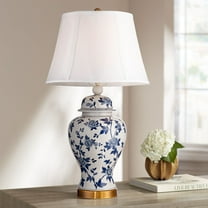 Barnes and Ivy Traditional Table Lamp 25" High Crackle Ceramic Blue and White Rose Vine Temple Jar White Bell Shade for Living Room Family