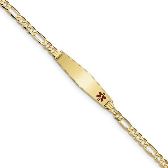 14K Medical Soft Diamond Shape Red Enamel Flat Figaro Link ID Bracelet (Weight: 8.45 Grams, Length: 8 Inches)
