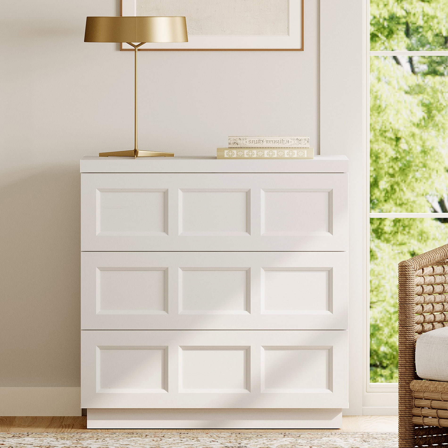 HOMOOI Rustic Nightstand with 3 Drawers, Boho Thickened Wood Bedside Cabinet with Smooth Gliding Drawers, Modern Anti-Wobble Side End Table for Bedroom，White
