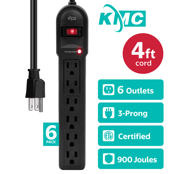 KMC 6-Outlet Surge Protector Power Strip, 4ft Extension Cord, 900 Joules, White, 6-Pack