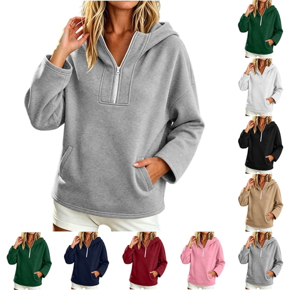 Half-Zip Hoodies for Women Zaewscy Fashion Women's Solid Color Winter Long Sleeve Imitation Half-zip Hooded Sweatshirt Gray XXL