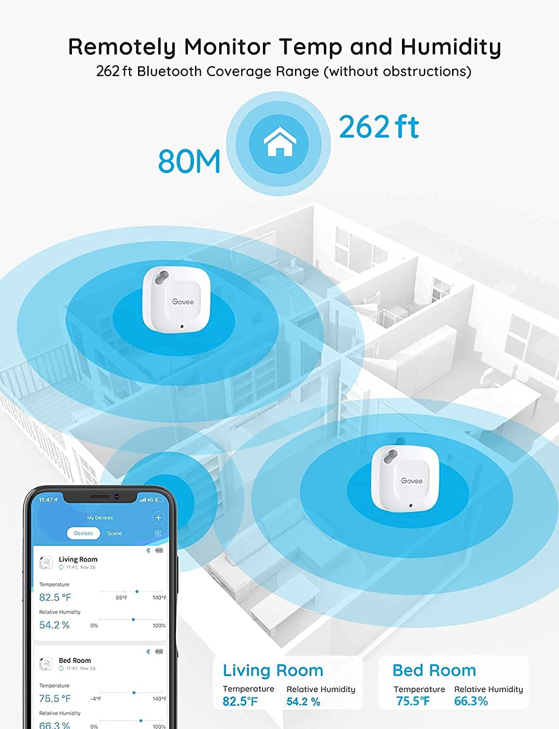Bluetooth Hygrometer Thermometer, Wireless Thermometer, Mini Humidity Sensor with Notification Alert, Data Storage and Export, 262 Feet Connecting Range, 3 Pack