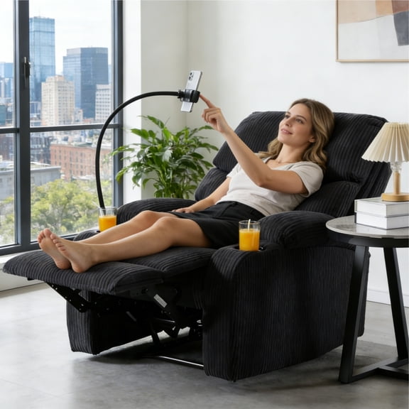 BSHTI Manual Recliner Chair with Phone Holder & Cup Holders, Corduroy Upholstery, Ergonomic Backrest, Solid Wood Frame for Living Room & Bedroom(Black)