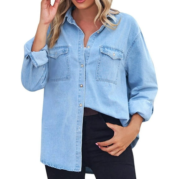 Breezora Women's Casual Denim Shirt Long Sleeve Button Down Top with Pocket Lightweight Comfortable Blouse L Size Light Blue