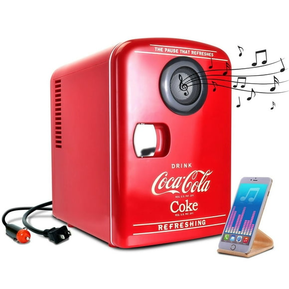 Coca-Cola 6 Can Portable Mini Fridge, Bluetooth Speaker, 4L Cooler/Warmer, Red