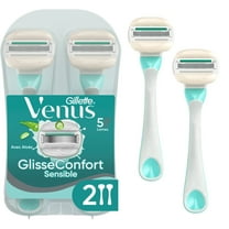 Venus ComfortGlide Sensitive Disposable Razor for Women, 5 Blades with a Touch of Aloe, 2 Count, Blue
