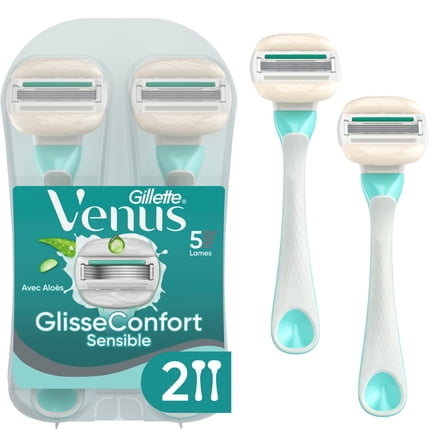 Venus ComfortGlide Sensitive Disposable Razor for Women, 5 Blades with a Touch of Aloe, 2 Count, Blue