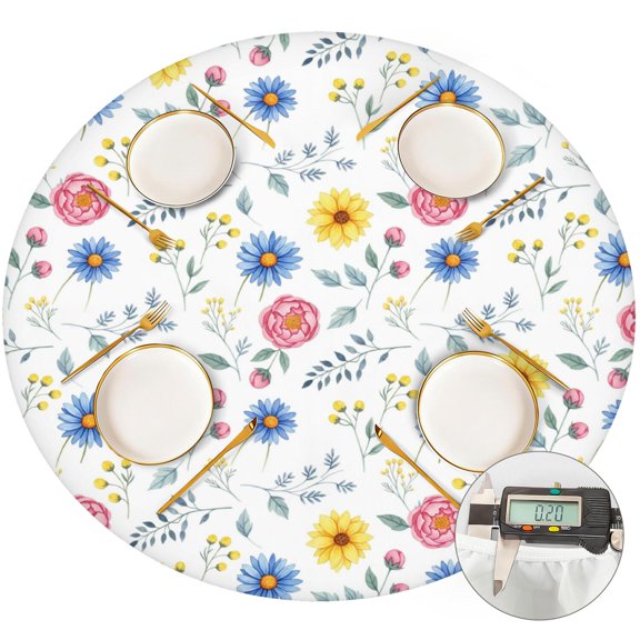Pioneer Flower Floral Print Pattern Round Fitted Tablecloth with Elastic Edge, Waterproof Dining Table Cover for Indoor Outdoor Camping and Daily Use