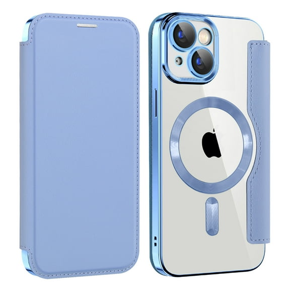 Flip Magnetic Case for Apple iPhone 15 Plus, Compatible with Magsafe Cards Holder Wallet Case RFID Blocking Clear Back Cover Anti-Scratch Folio Shockproof Bisiness Type Case for Women, Blue