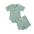 thumbnail image 1 of Mialoley Baby Short Sleeve Ribbed Knit O Neck Romper, Drawstring Short Pants, 1 of 7