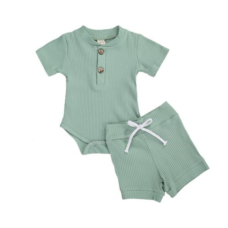 

Baby Short Sleeve Ribbed Knit O Neck Romper Drawstring Short Pants