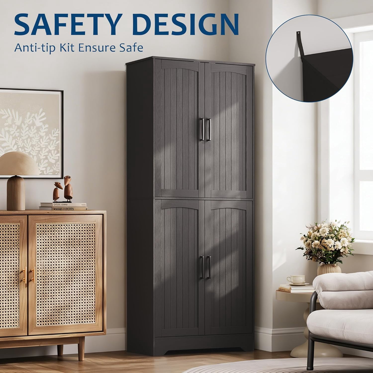 71" Tall Farmhouse Kitchen Pantry Cabinet – Freestanding Wooden Storage Cabinet with 4 Doors & Adjustable Shelves, Dining or Living Room Furniture, Black