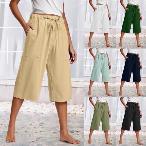 SEAOPEN Women Linen Shorts Casual Knee Length Bermuda Shorts Summer Beach Lightweight Capri Pants Green,3XL