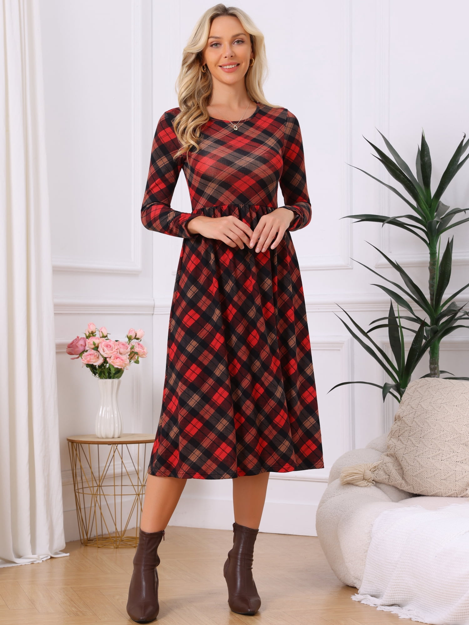 DARING DIVA Women's Plaid Long Sleeve Crew Neck A Line Midi Dress S Red