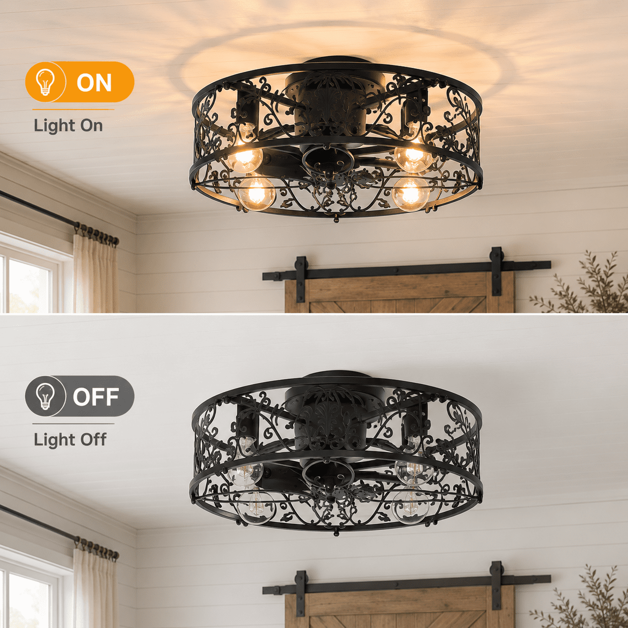 Garwarm 20in. Black Caged Farmhouse Ceiling Fan with Lights and Remote, 6-Speed Reversible Low Profile Flush Mount Ceiling Fan, Industrial Enclosed Fandelier for Bedroom, Kitchen