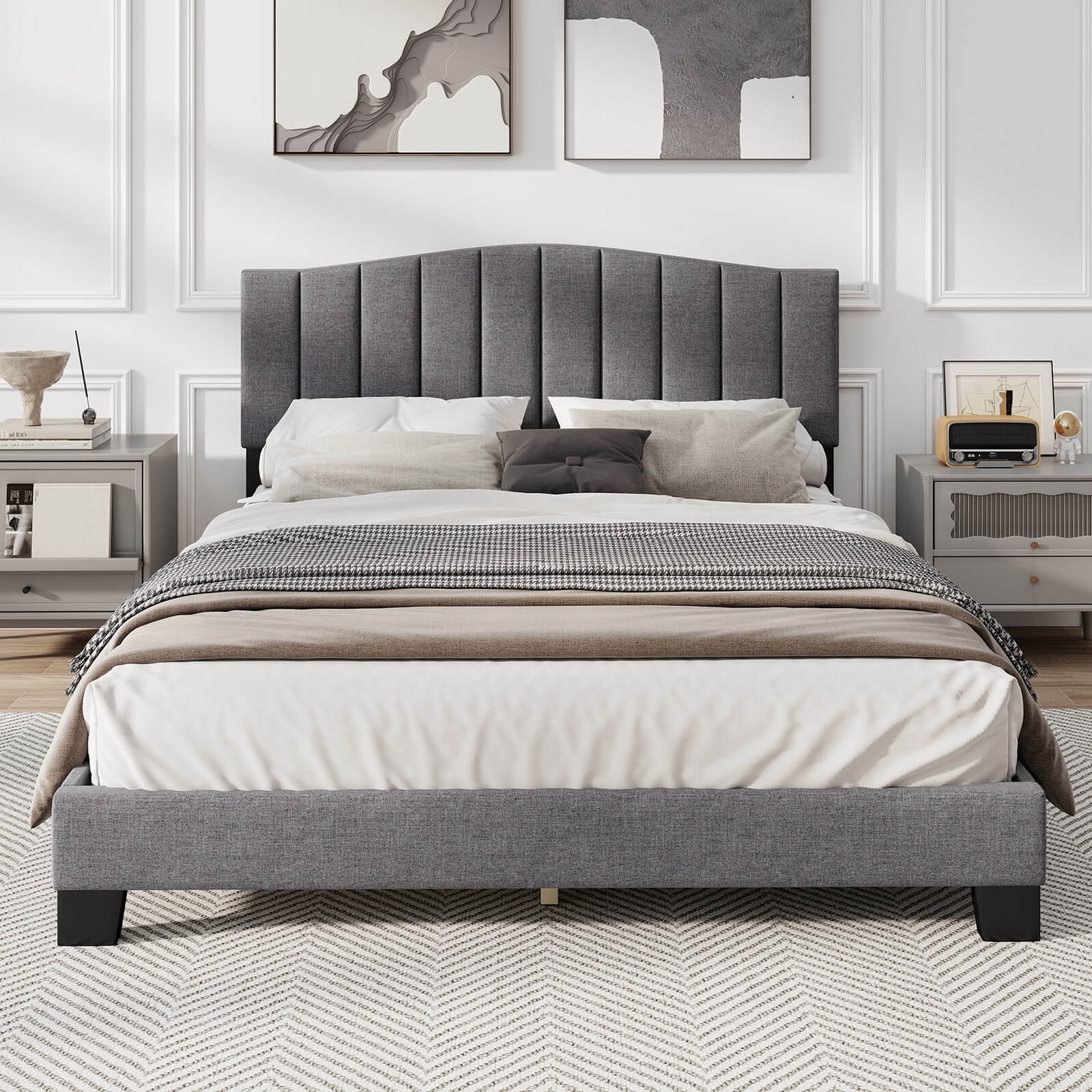 Costway Modern Upholstered Bed Frame Queen Size Platform Bed with Wooden Slat Support