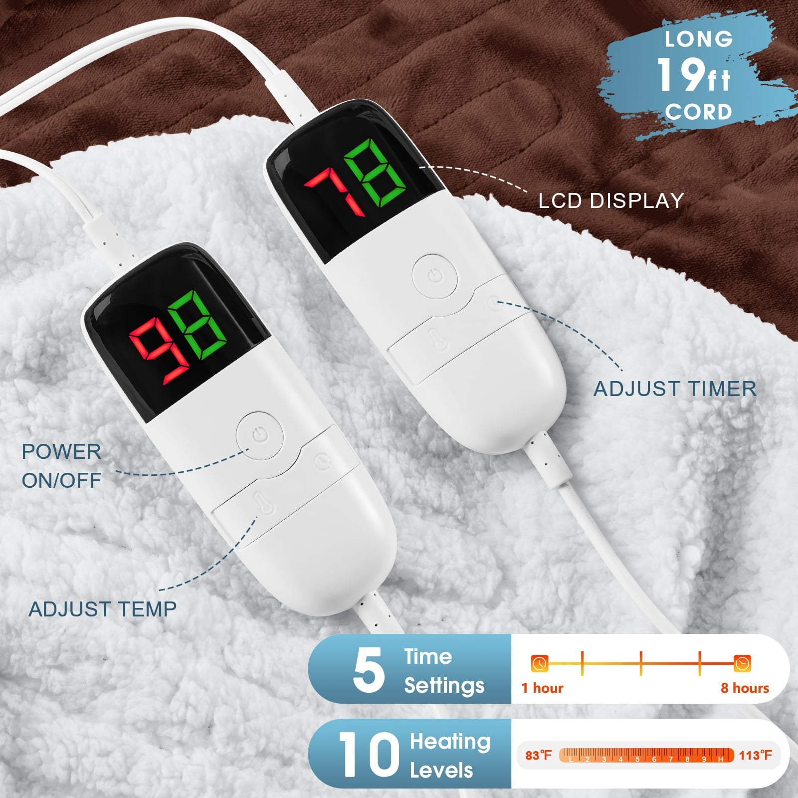 PMONPA Electric Heated Blanket, Flannel & Sherpa Heating Blanket for Adult, Fast-Heating with 10 Heat Levels 5 Time Settings (101"x91", Coffee)
