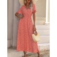 thumbnail image 7 of Orange Floral Print V-Neck Short Sleeve Maxi Dress For Women With Side Slit, 7 of 7