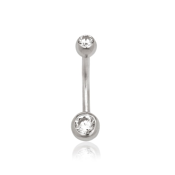 Solid 14k Yellow or White Gold 14G Double Bezel Cubic Zirconia Curved Belly Button Ring Body Piercing Ring for Women